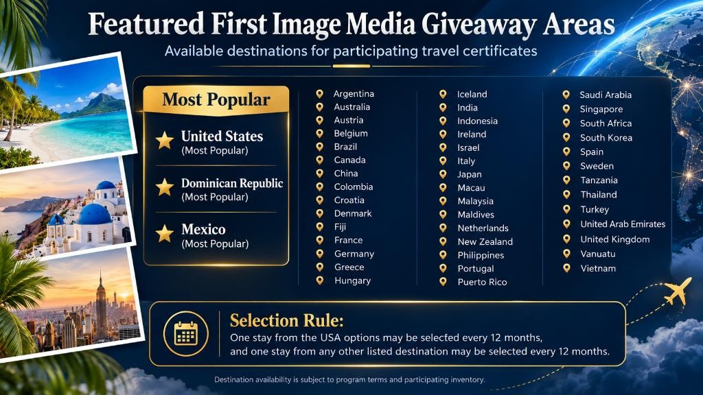 Featured First Image Media Giveaway Areas — available destinations for participating travel certificates
